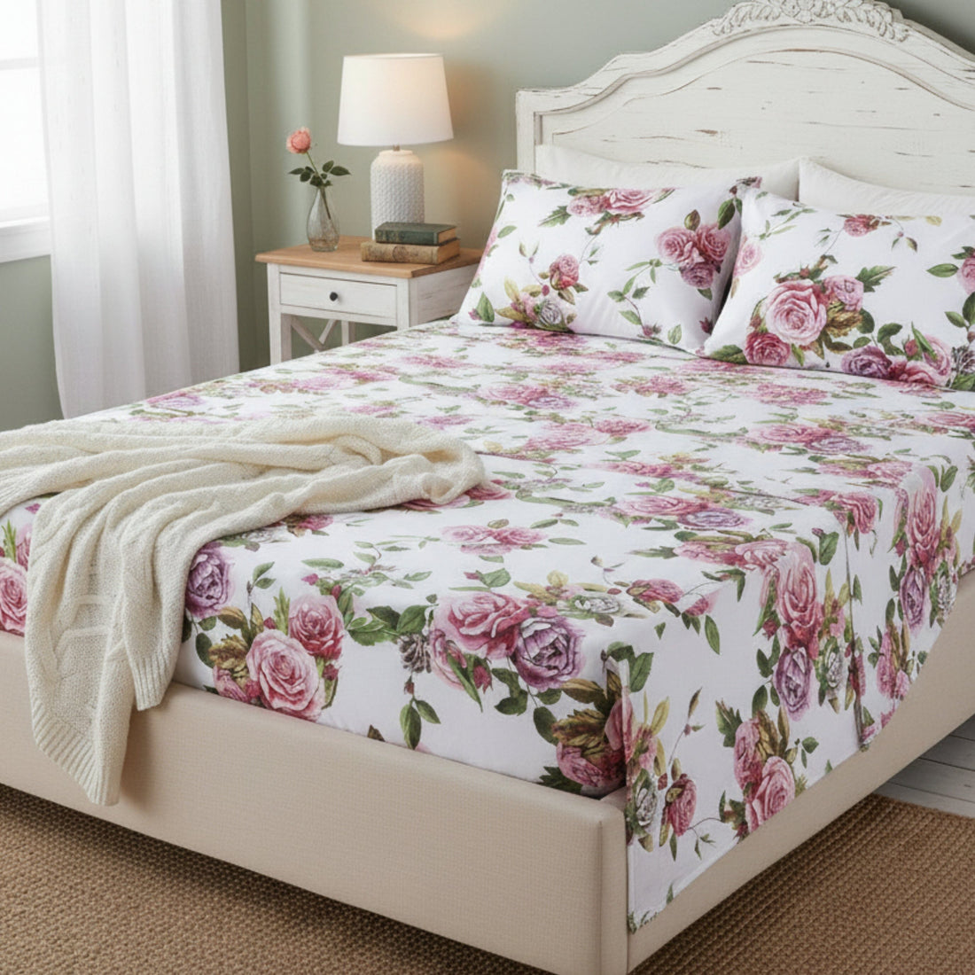 Romantic Roses Lovely Spring Pink Floral Garden Bed Sheet Set