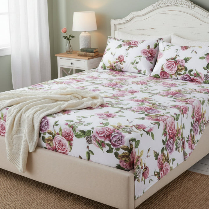 Romantic Roses Lovely Spring Pink Floral Garden Bed Sheet Set