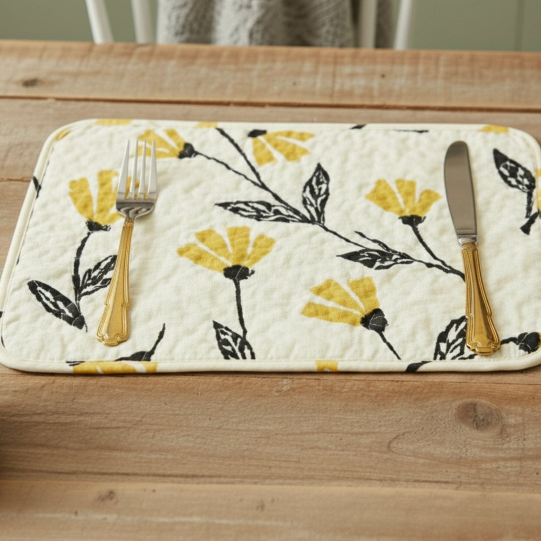 DaDa Bedding Botanical Floral Dining Table Placemats - Set of 4-Pieces Quilted Ivory with Yellow Fleur Golden Orange Spring Time Tulips - 13 x 19