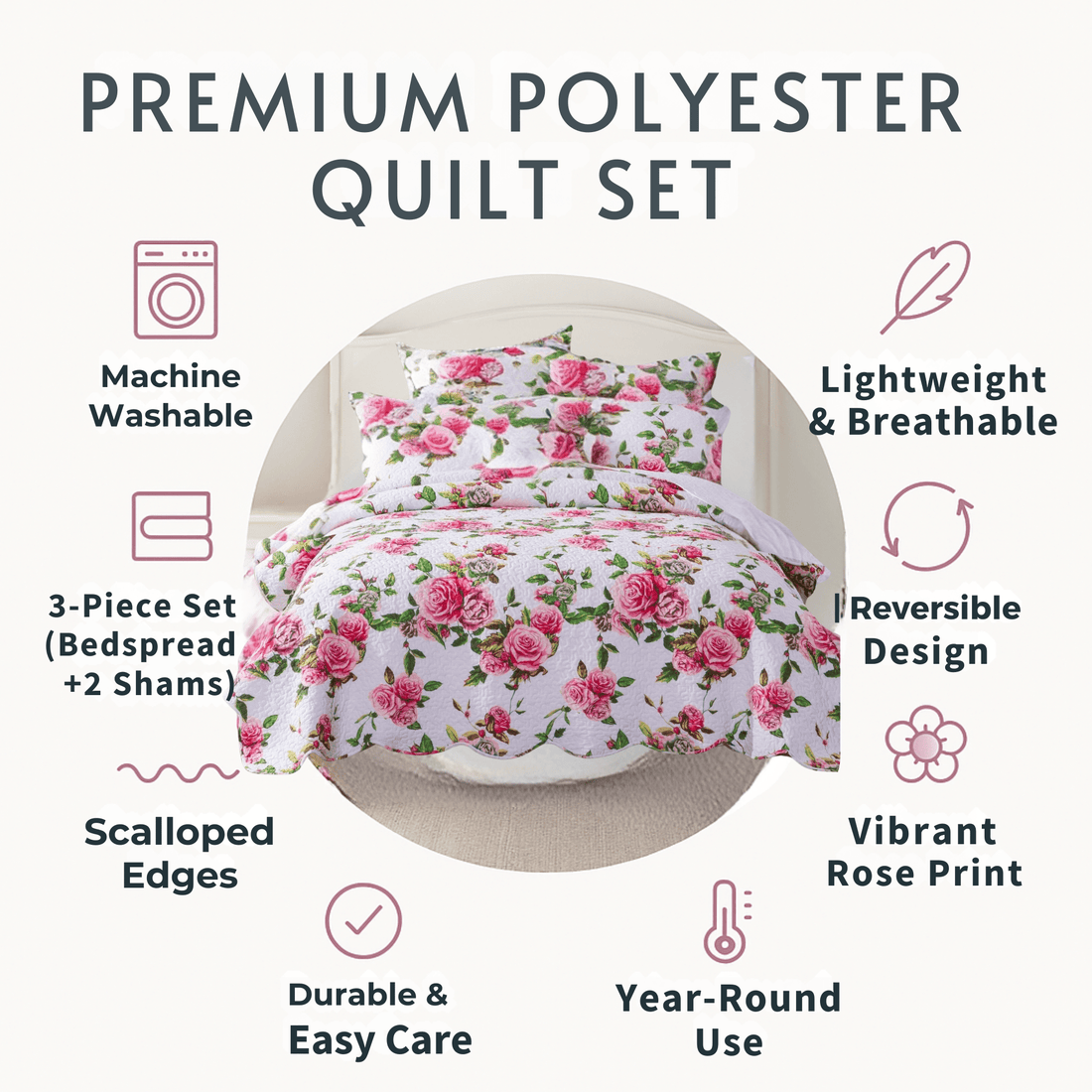 DaDa Bedding Romantic Roses Lovely Spring Pink Floral Quilted Scalloped Bedspread Set (JHW879)