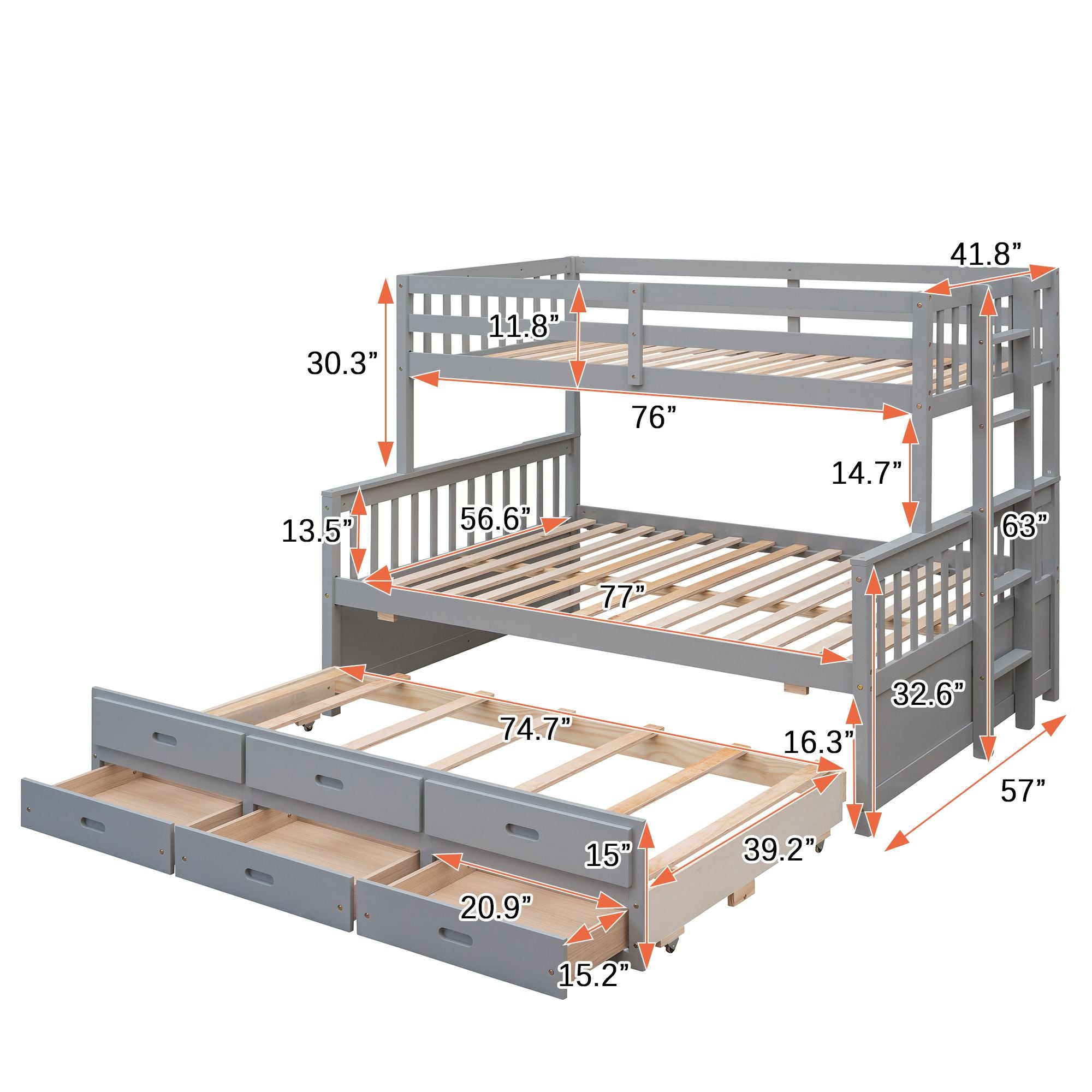 Twin Over Full Bunk Bed with Drawers & Trundle – Gray