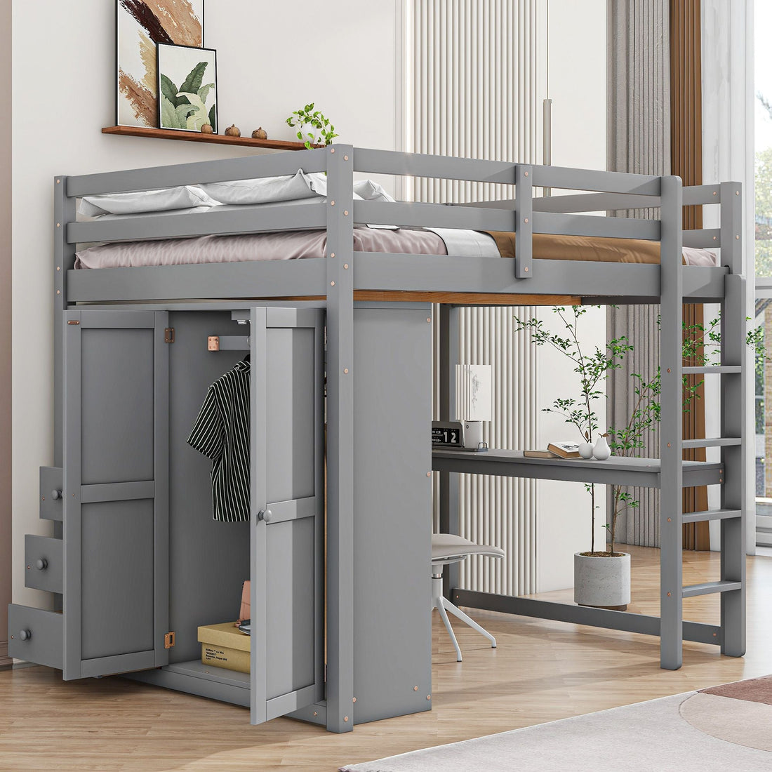 Full Wood Loft Bed with Drawers & Desk – Gray