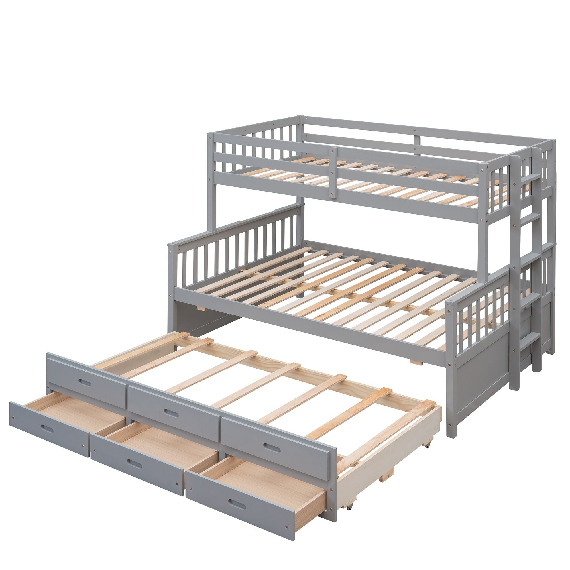 Twin Over Full Bunk Bed with Drawers & Trundle – Gray