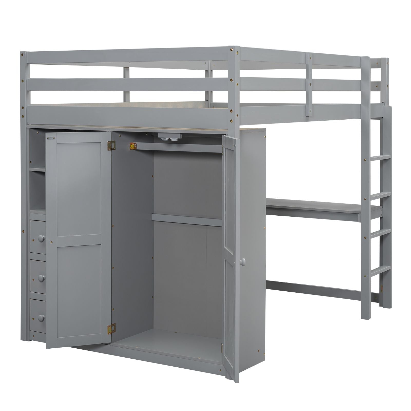 Full Wood Loft Bed with Drawers & Desk – Gray