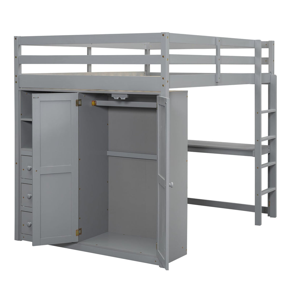 Full Wood Loft Bed with Drawers & Desk – Gray