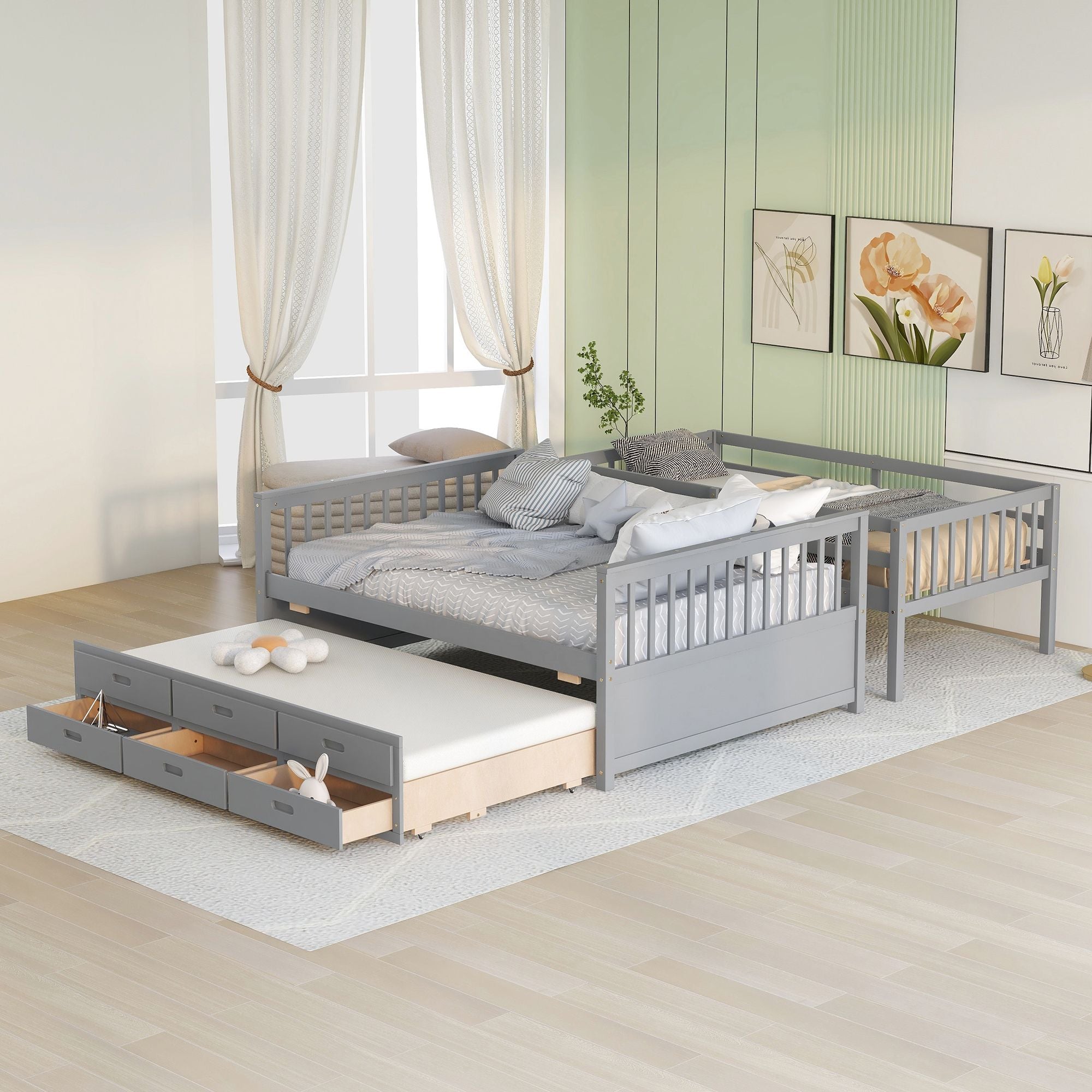 Twin Over Full Bunk Bed with Drawers & Trundle – Gray