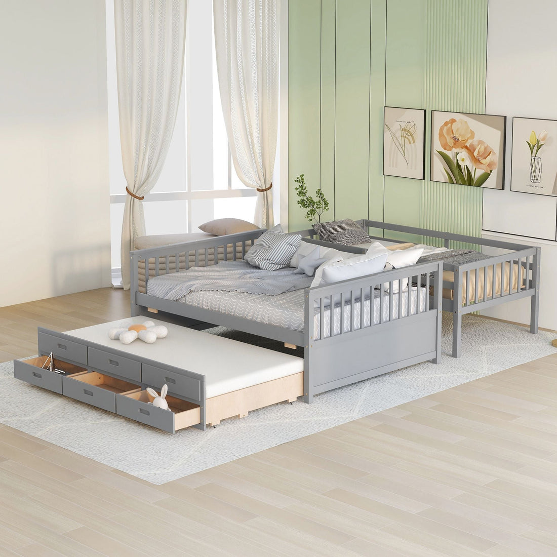 Twin Over Full Bunk Bed with Drawers & Trundle – Gray