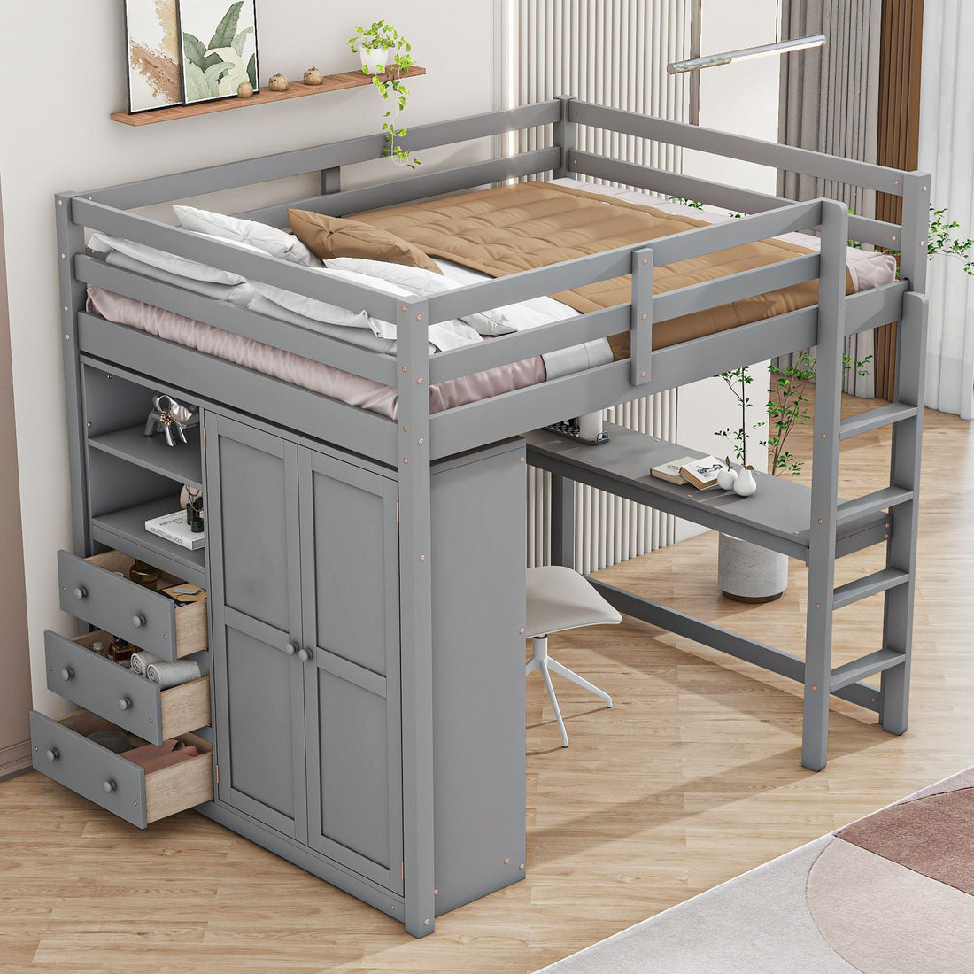 Full Wood Loft Bed with Drawers & Desk – Gray