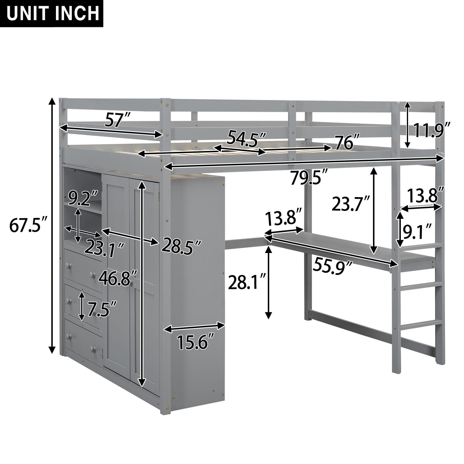 Full Wood Loft Bed with Drawers & Desk – Gray