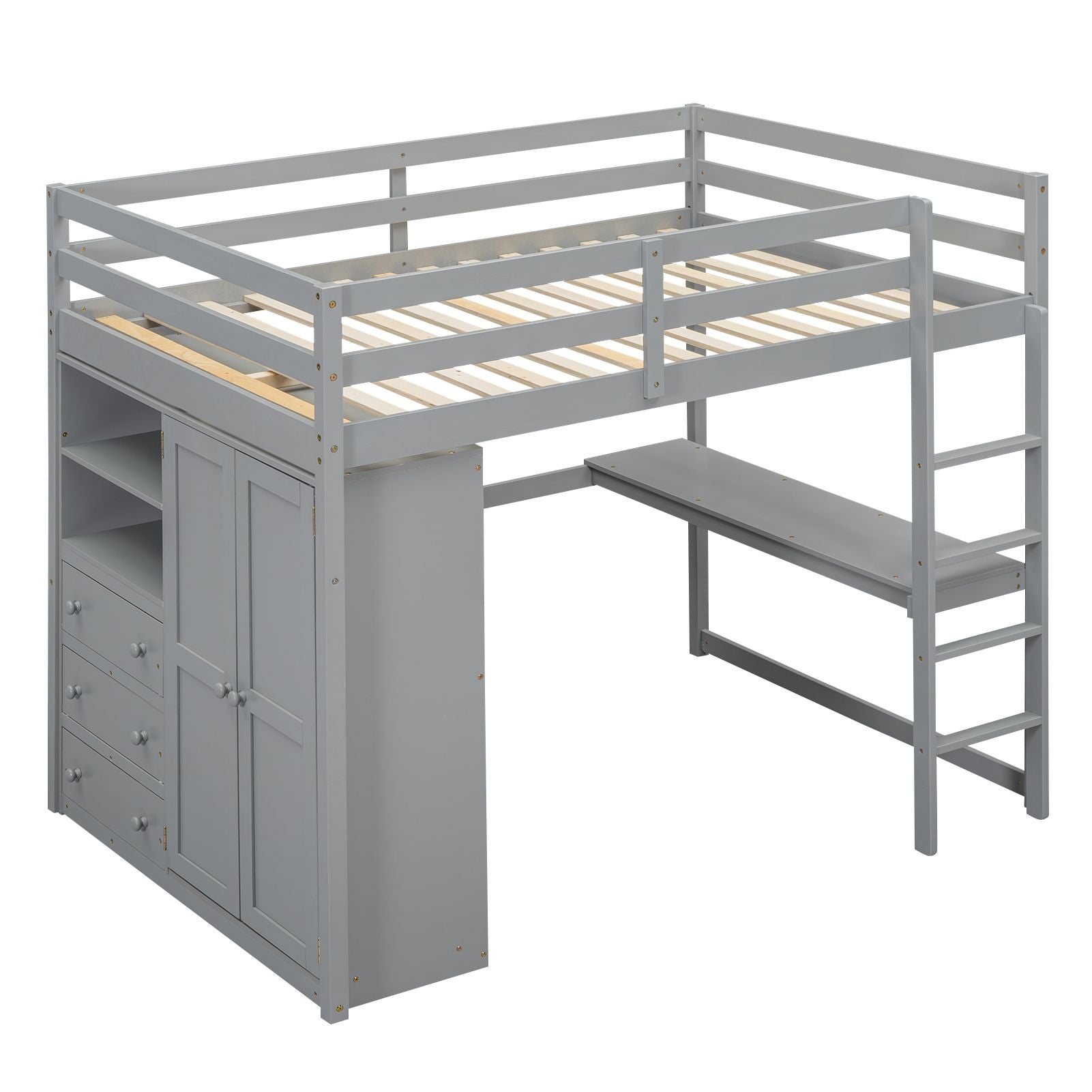 Full Wood Loft Bed with Drawers & Desk – Gray