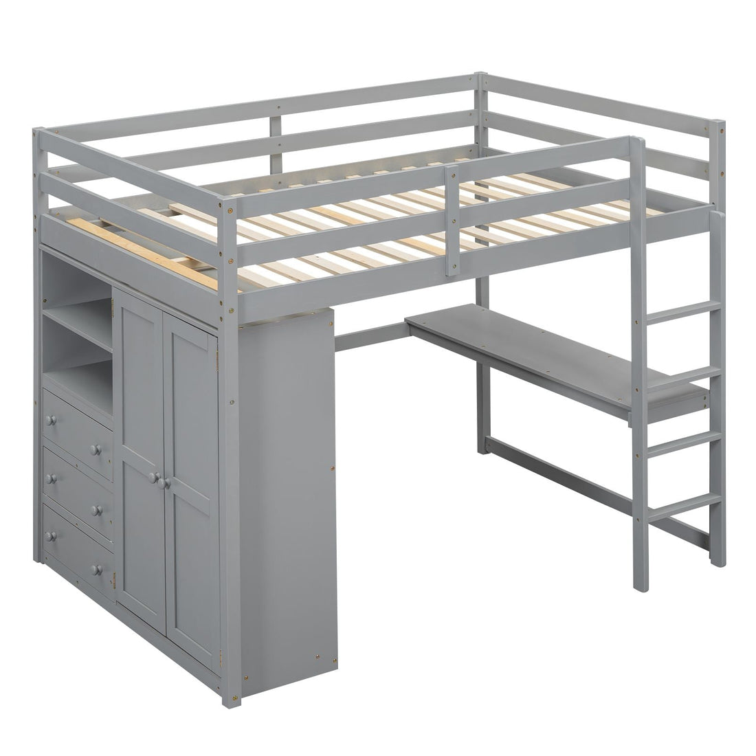 Full Wood Loft Bed with Drawers & Desk – Gray