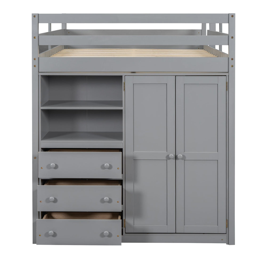 Full Wood Loft Bed with Drawers & Desk – Gray