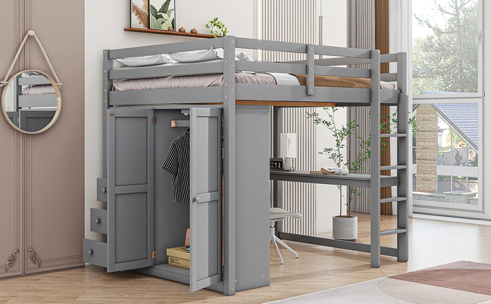Full Wood Loft Bed with Drawers & Desk – Gray