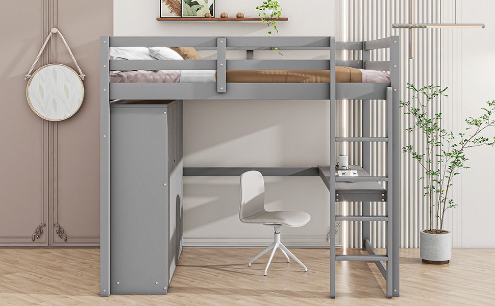 Full Wood Loft Bed with Drawers & Desk – Gray