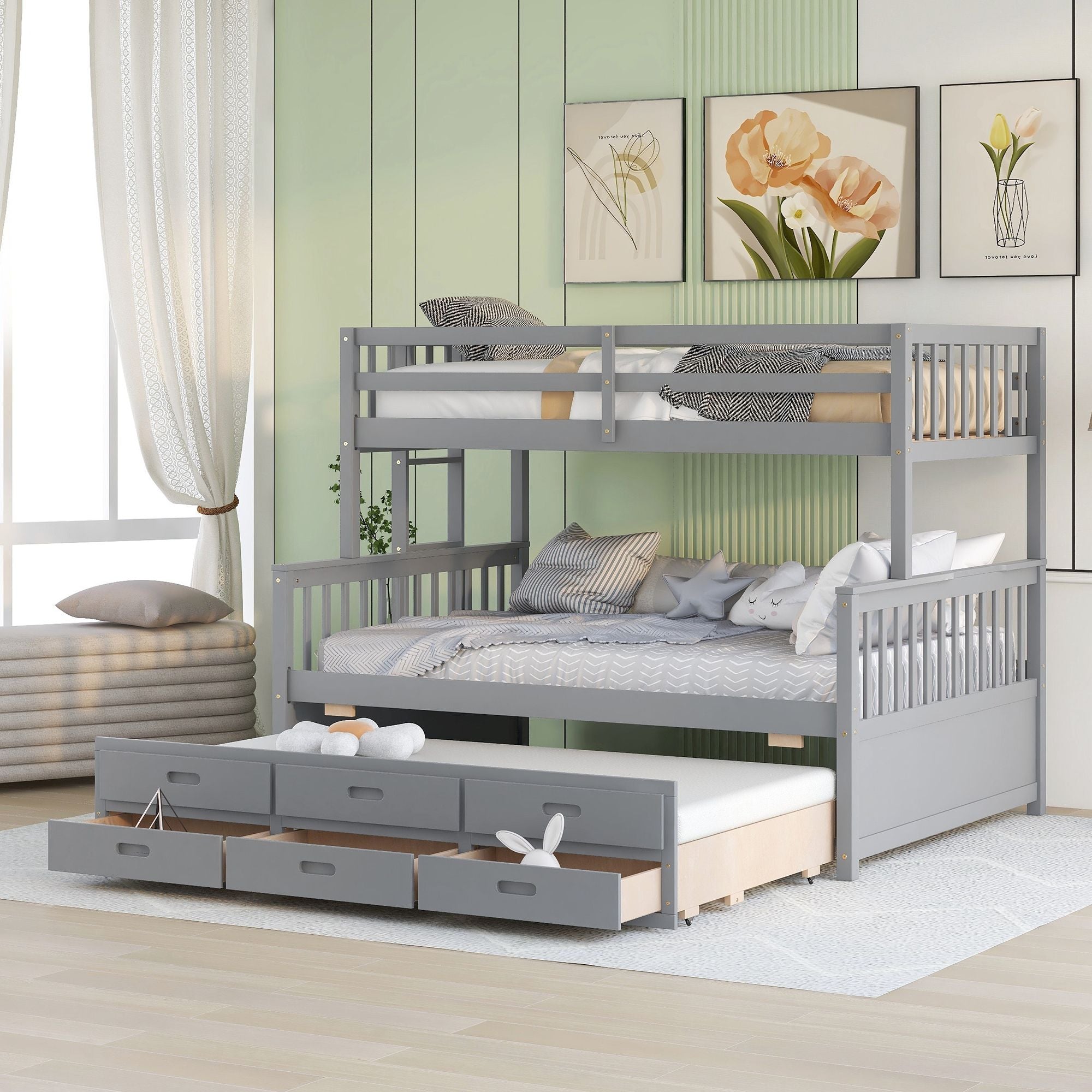 Twin Over Full Bunk Bed with Drawers & Trundle – Gray