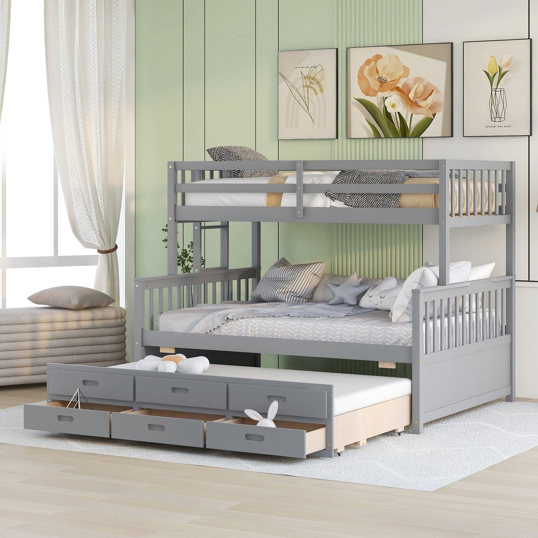 Twin Over Full Bunk Bed with Drawers & Trundle – Gray
