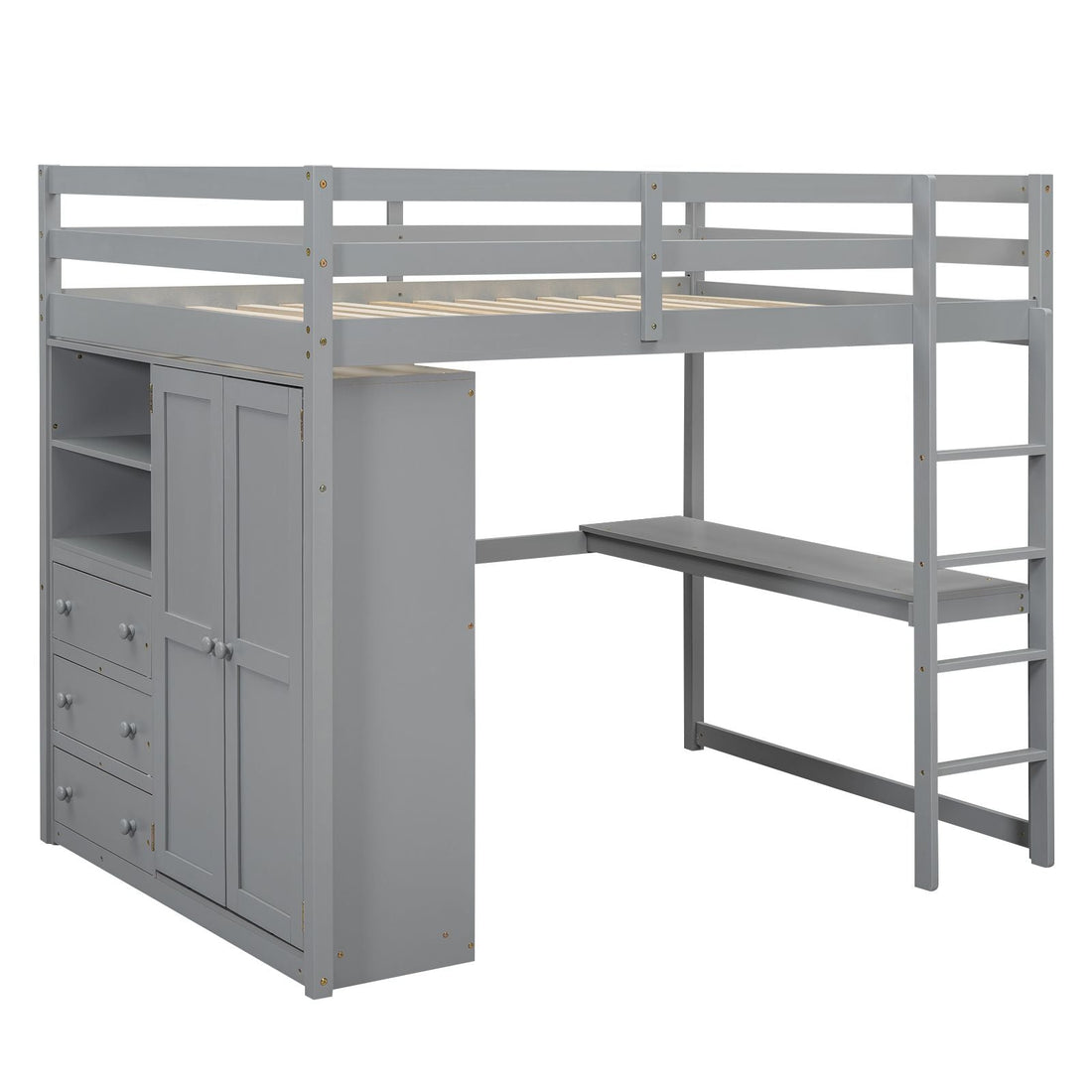 Full Wood Loft Bed with Drawers & Desk – Gray