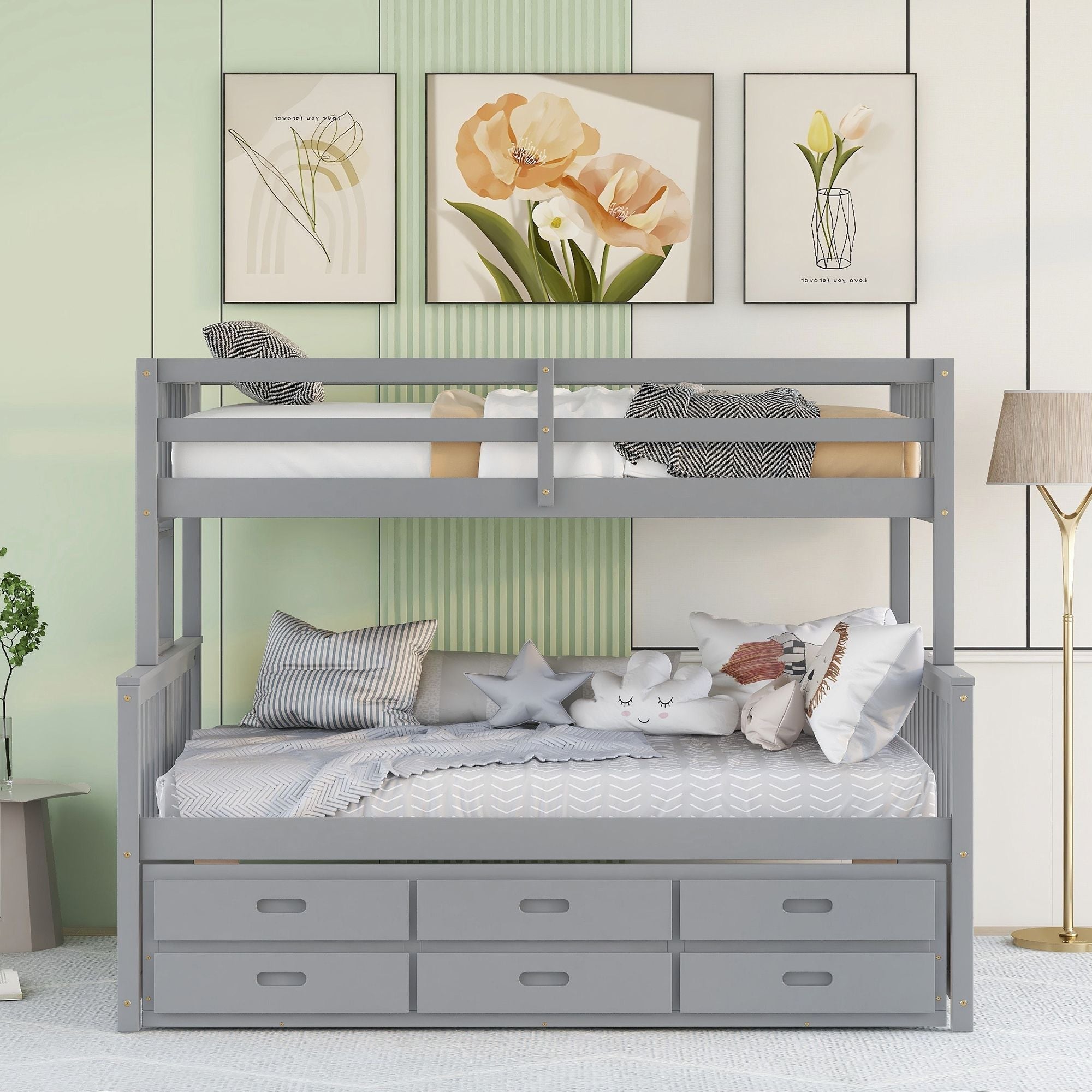 Twin Over Full Bunk Bed with Drawers & Trundle – Gray