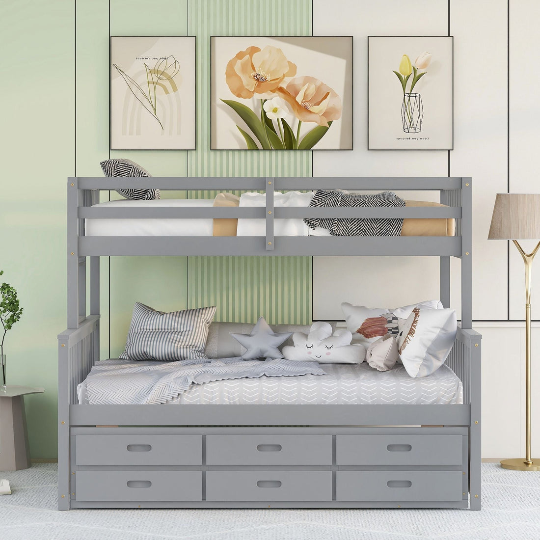 Twin Over Full Bunk Bed with Drawers & Trundle – Gray