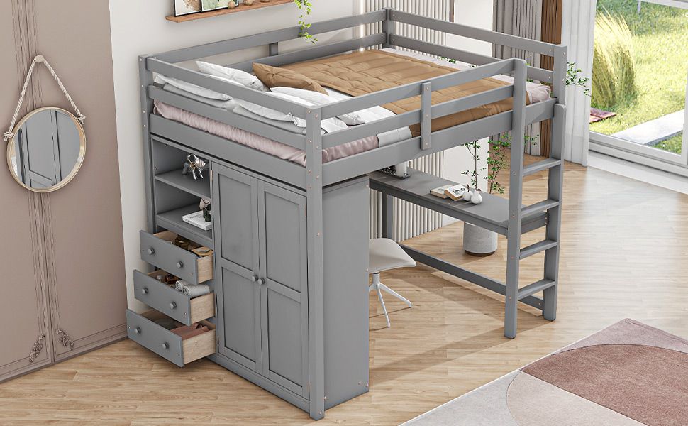 Full Wood Loft Bed with Drawers & Desk – Gray