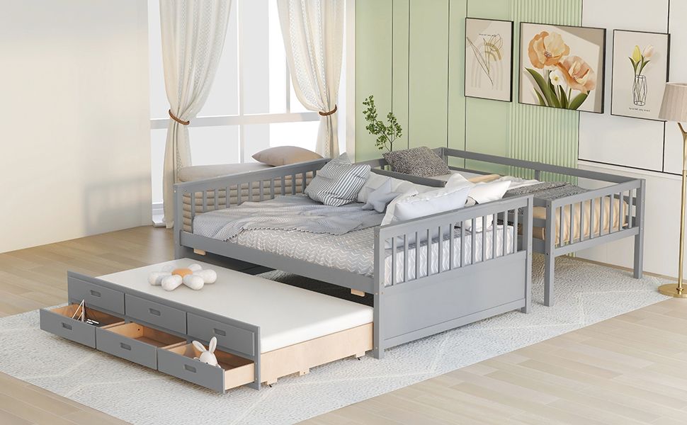 Twin Over Full Bunk Bed with Drawers & Trundle – Gray