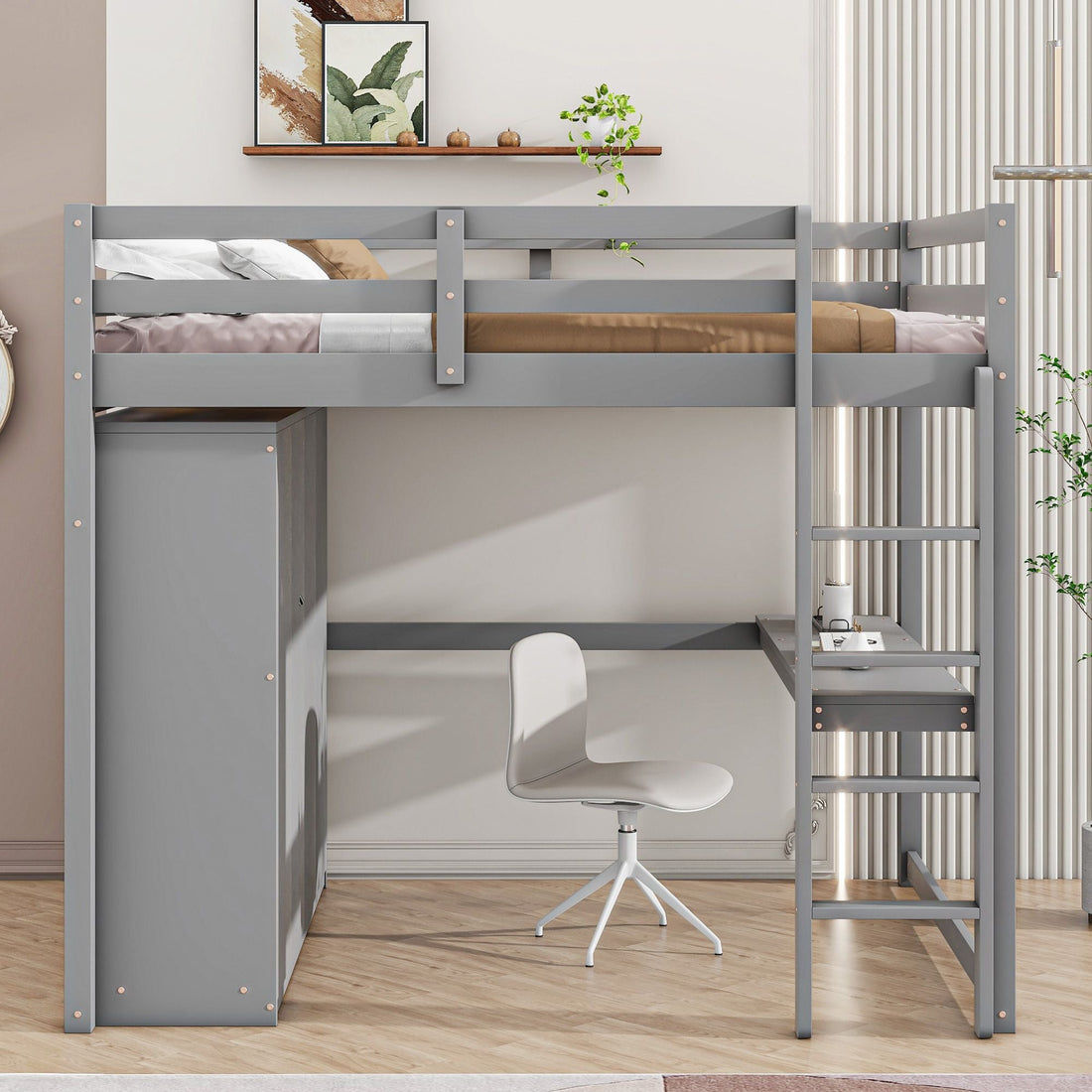 Full Wood Loft Bed with Drawers & Desk – Gray