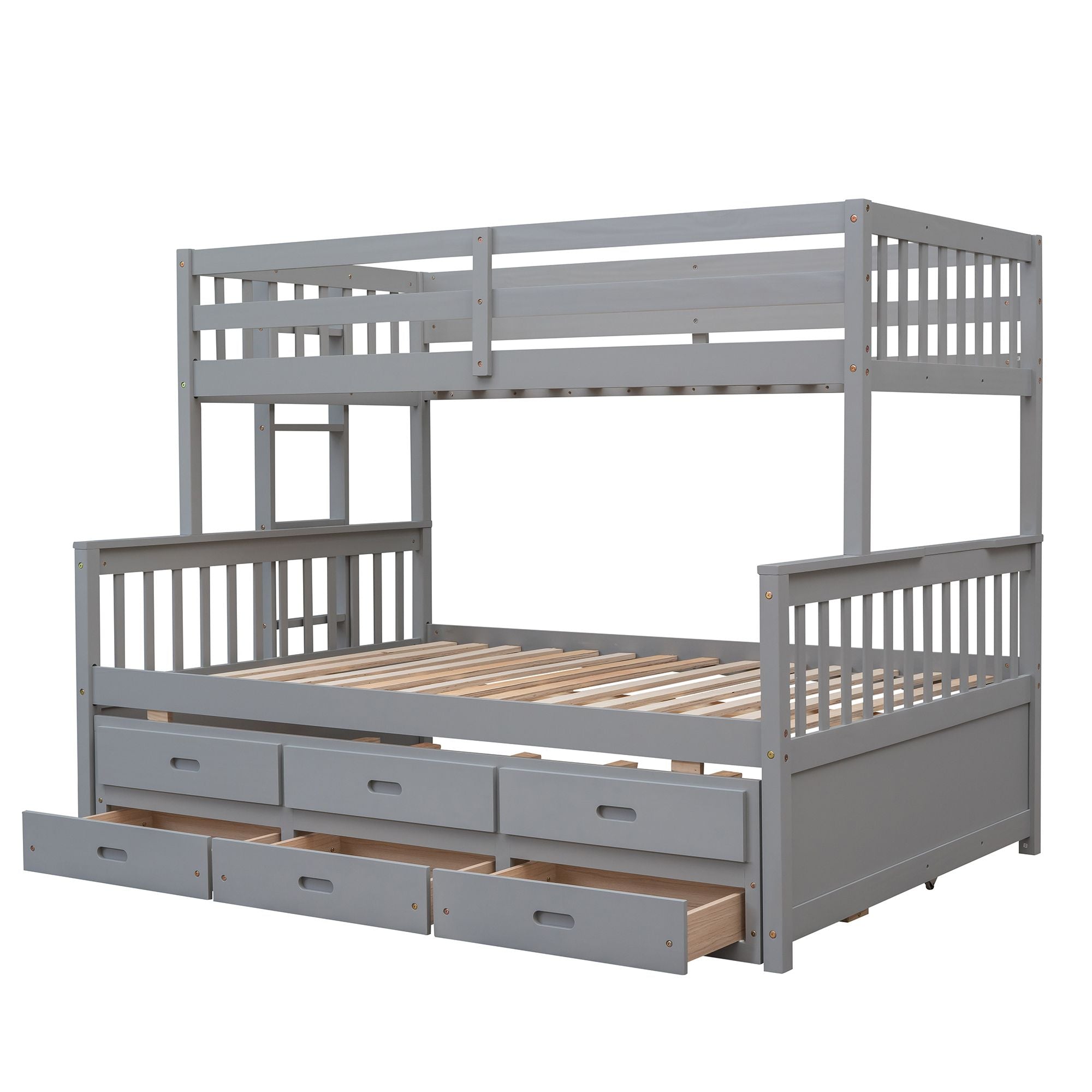 Twin Over Full Bunk Bed with Drawers & Trundle – Gray