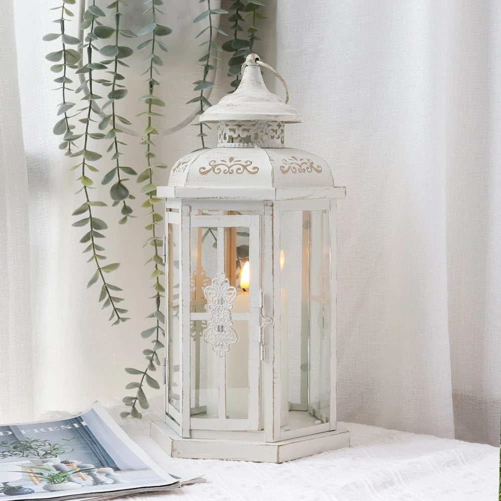 12" H Medium Candle Lantern(White with Gold Brush)