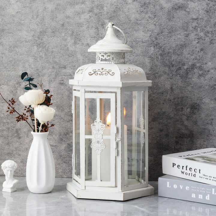 12" H Medium Candle Lantern(White with Gold Brush)