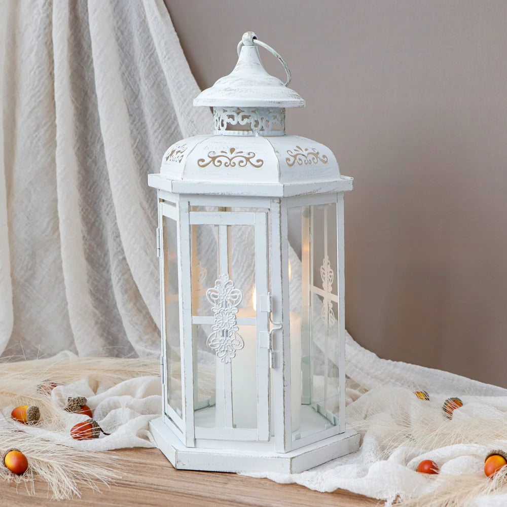 12" H Medium Candle Lantern(White with Gold Brush)