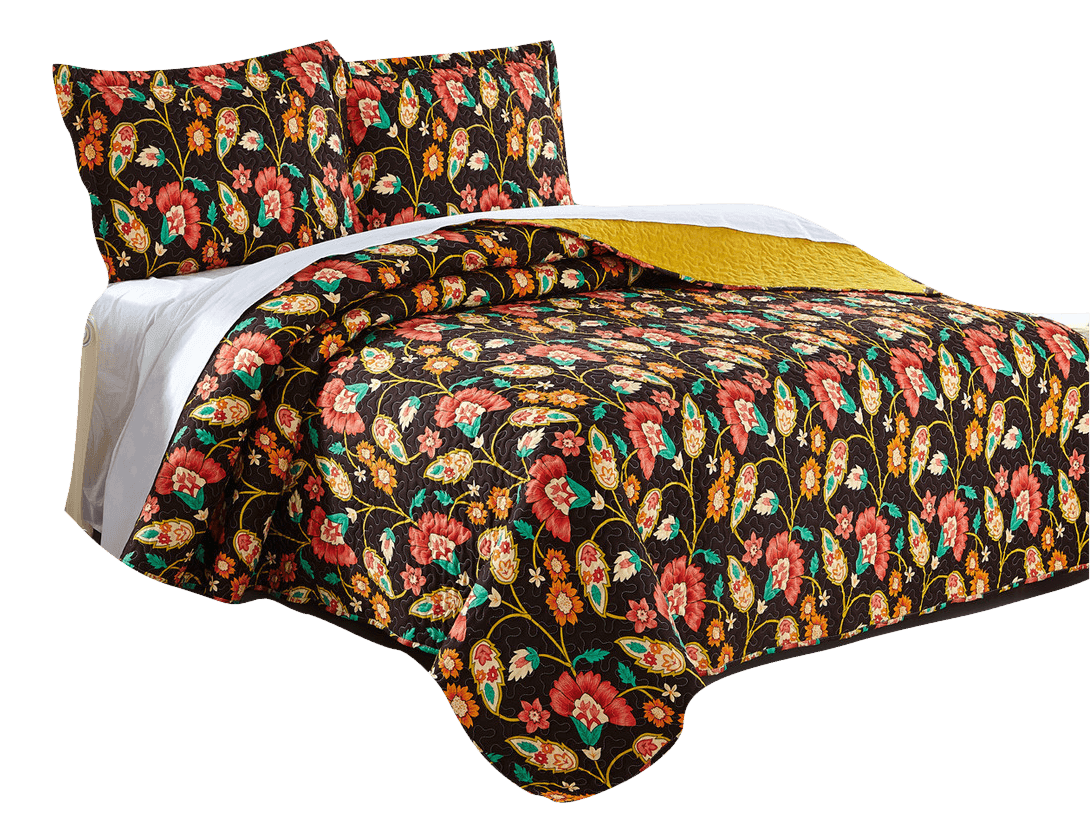 Marigold’s Floral Brown & Yellow Quilted Bedspread Set (HS-3330)