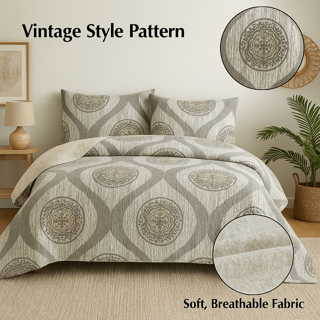 Rustic Grey Mosaic Medallion Reversible Quilted Bedspread Set (SD16299)