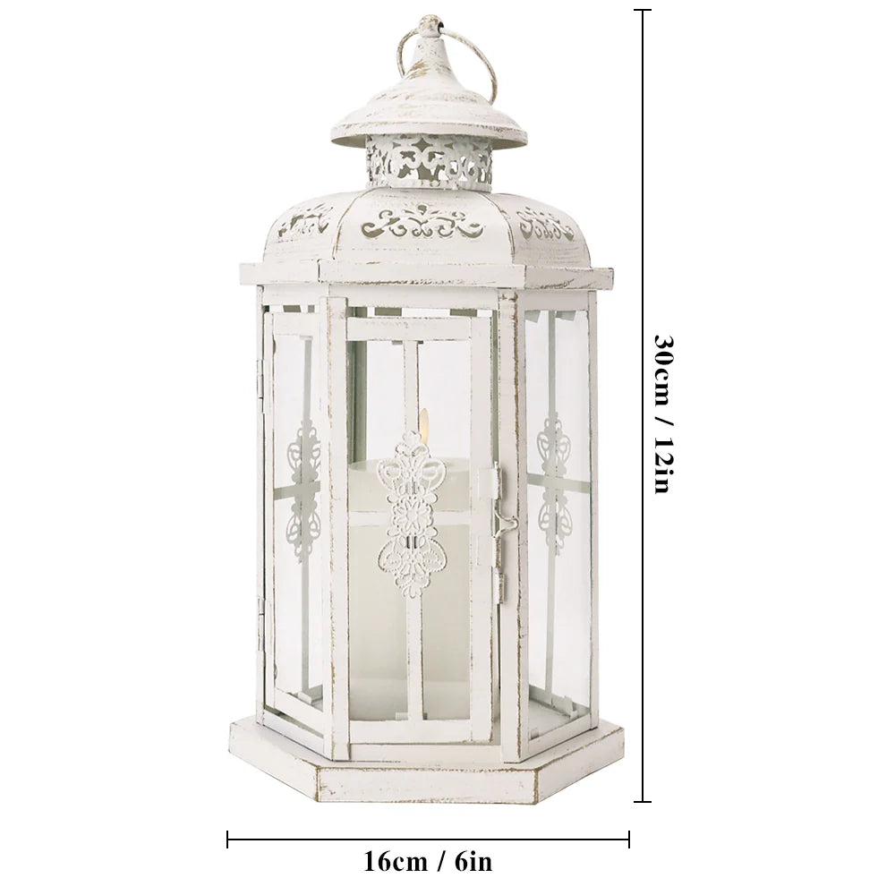 12" H Medium Candle Lantern(White with Gold Brush)